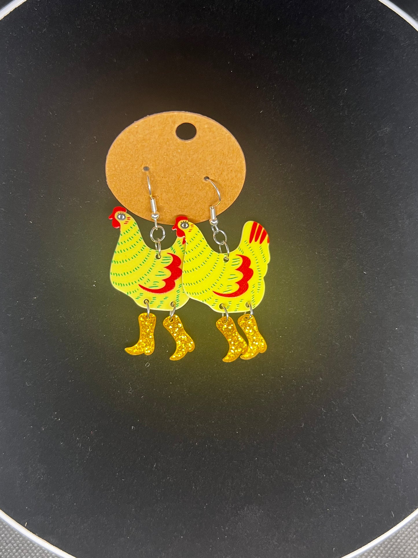 Chicken with Sparkly Boots Dangly Earrings