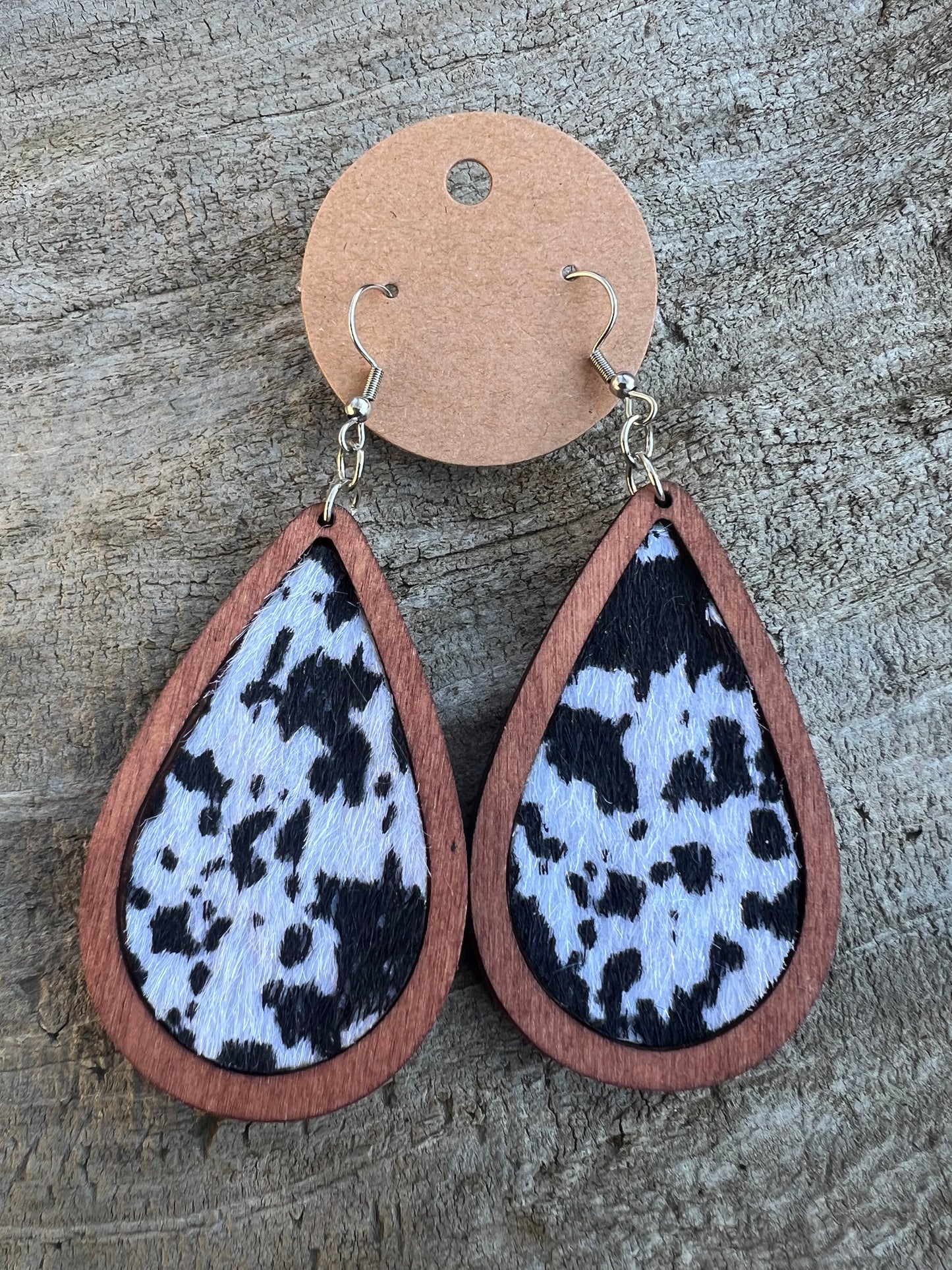 Wood and Faux Cow Hide Dangly Earrings