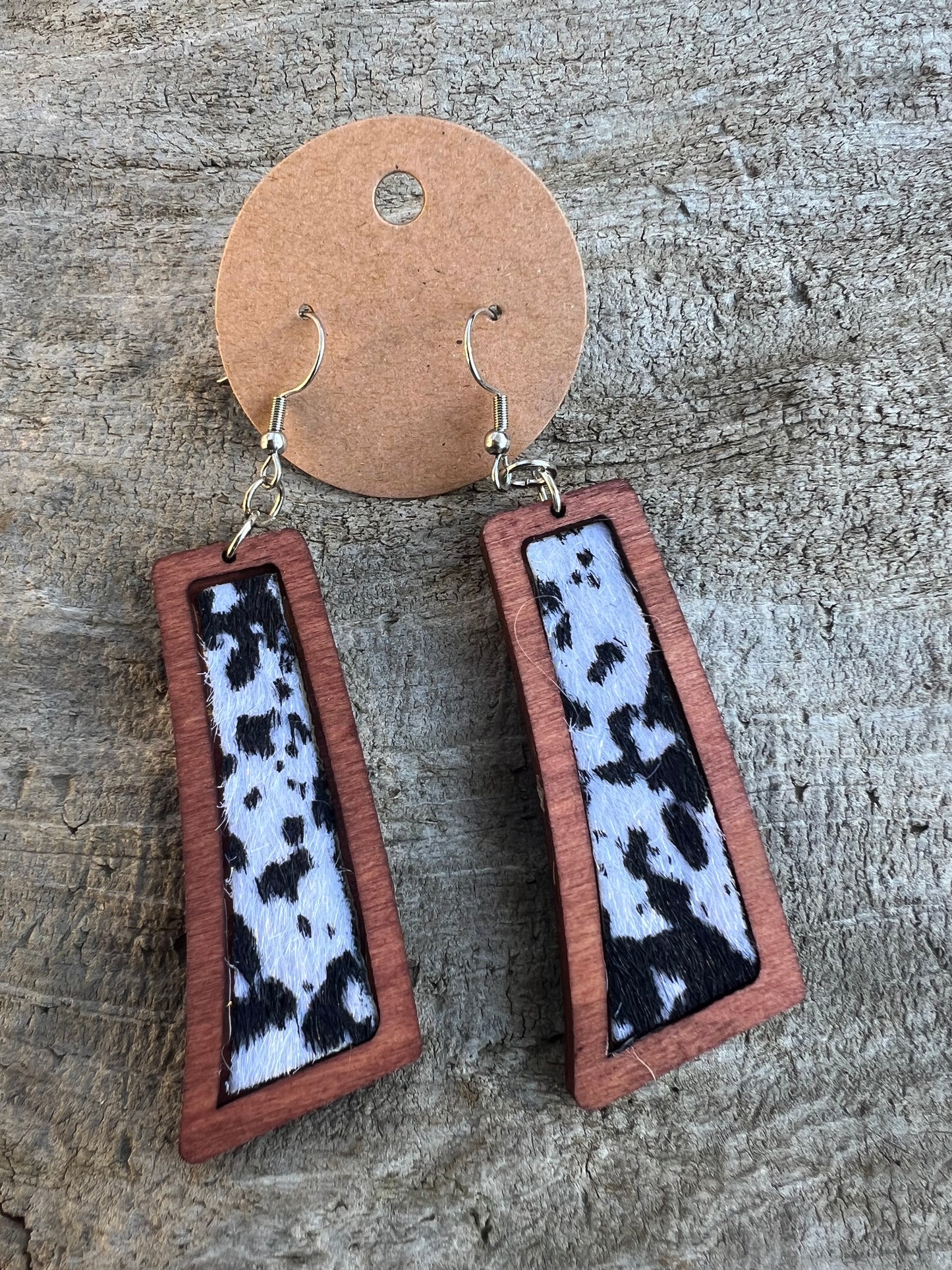 Wood and Faux Cow Hide Dangly Earrings