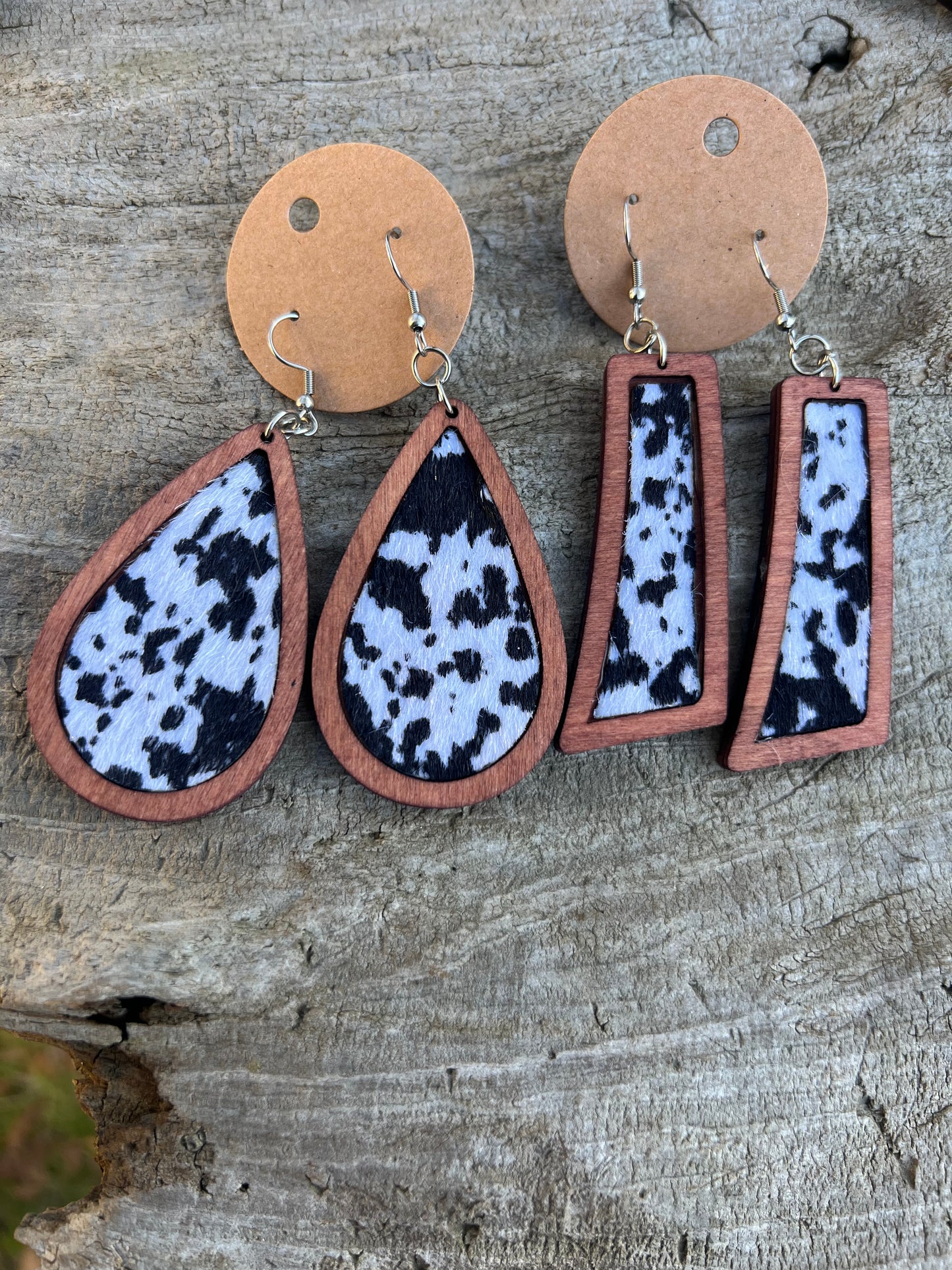 Wood and Faux Cow Hide Dangly Earrings