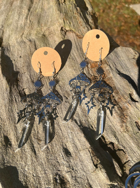 Long Mushroom Dangly Earrings with Faux Quartz