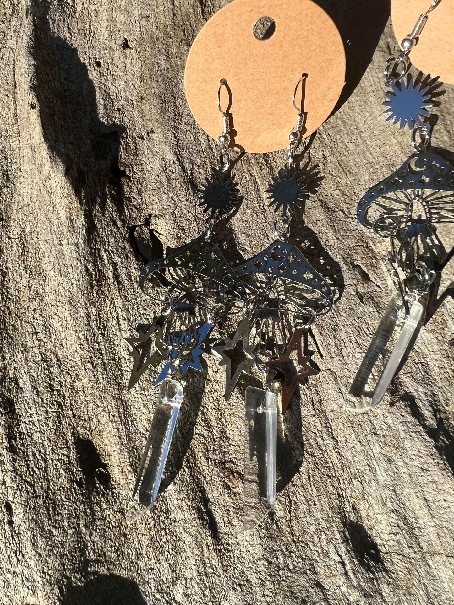 Long Mushroom Dangly Earrings with Faux Quartz