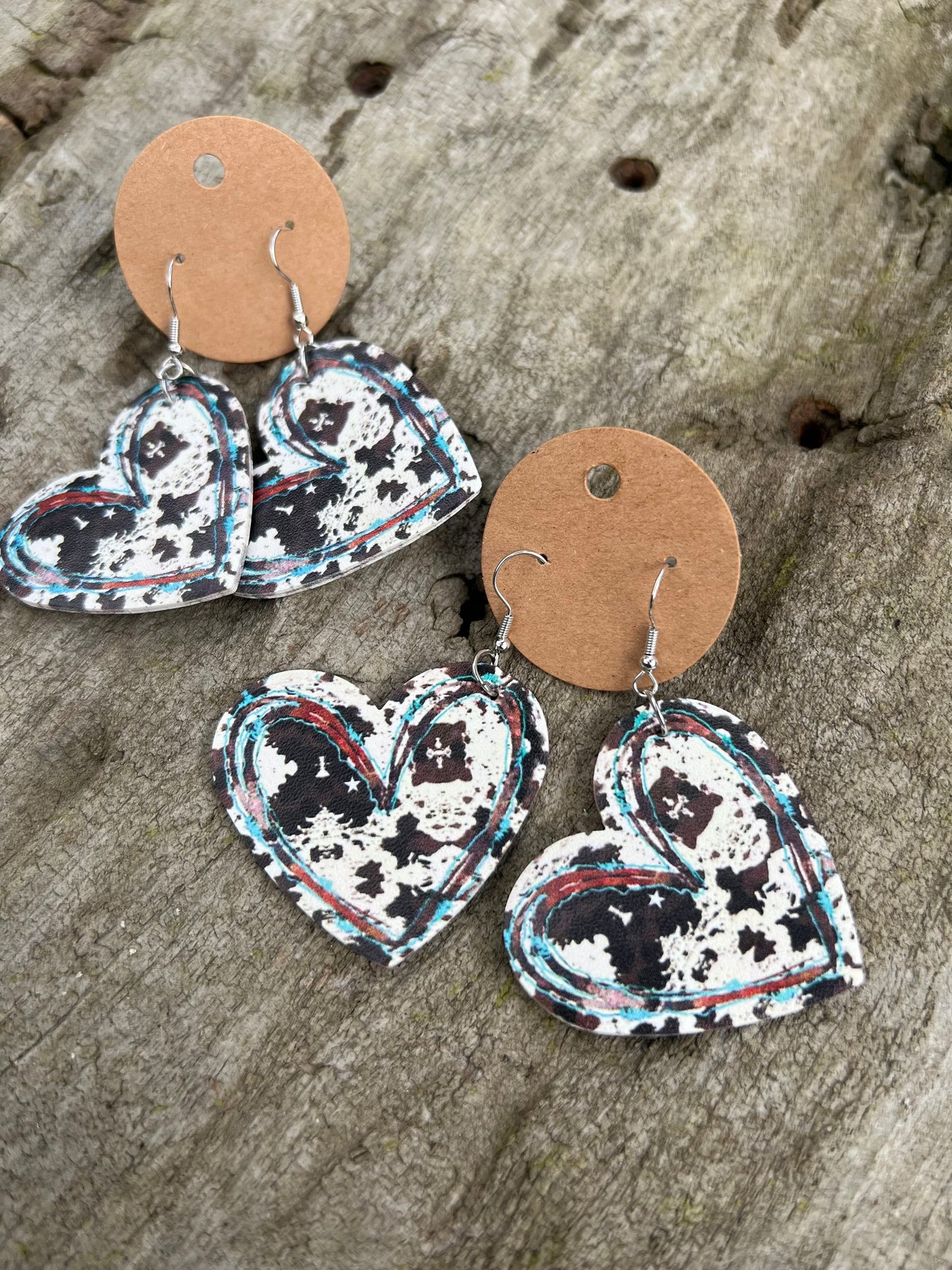 Faux Leather Cow Print Heart Earrings