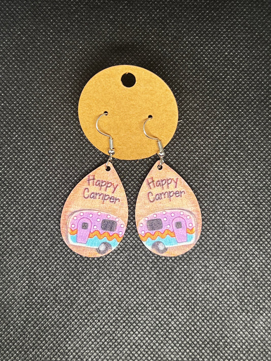 Wooden Happy Camper Dangly Earrings