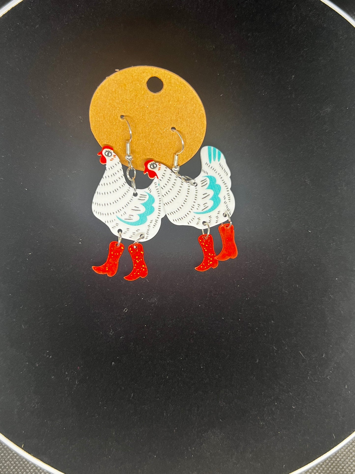 Chicken with Sparkly Boots Dangly Earrings