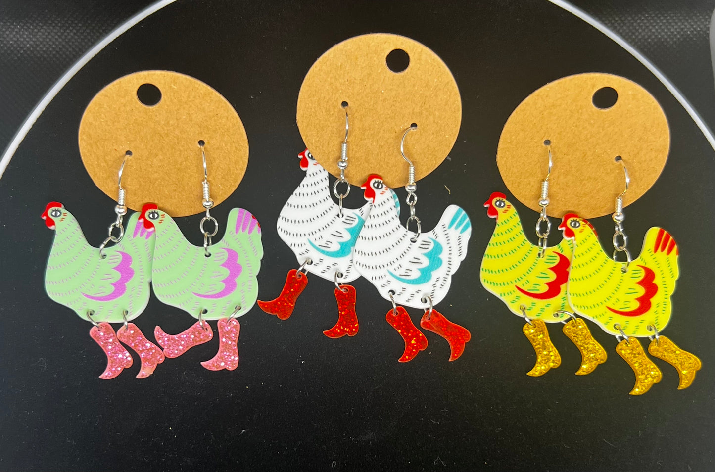 Chicken with Sparkly Boots Dangly Earrings