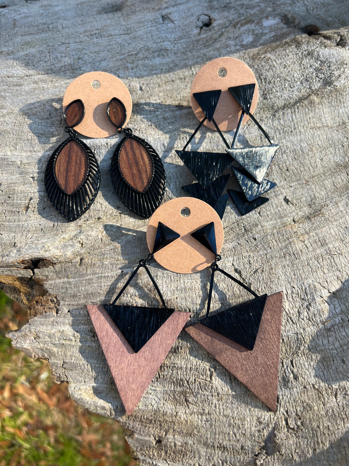 Metal and Wood Geometric Dangly Stud Earrings