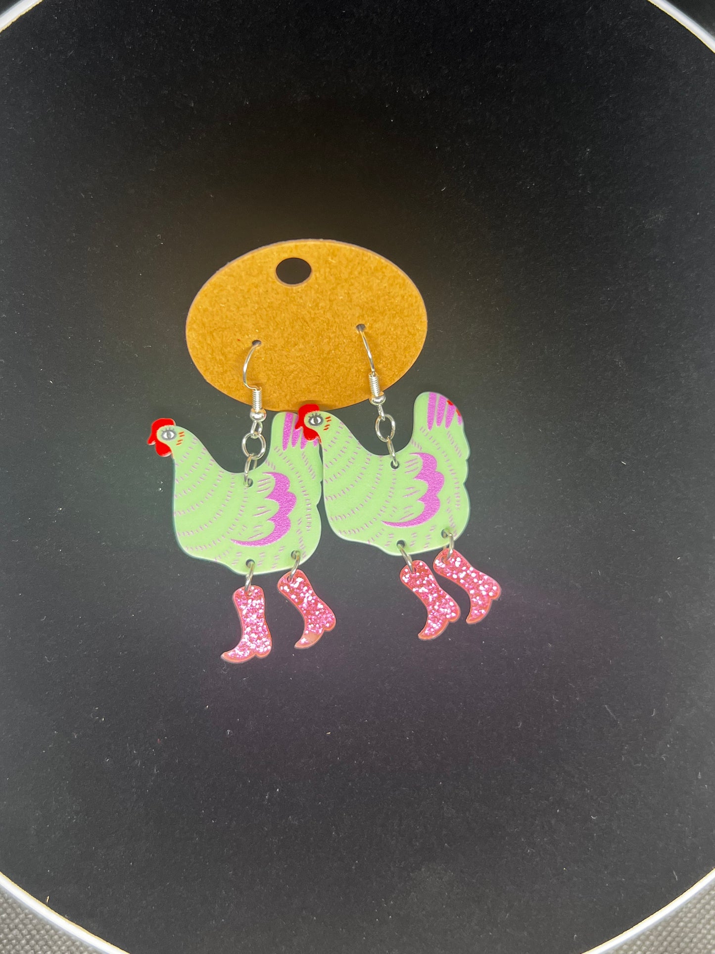 Chicken with Sparkly Boots Dangly Earrings