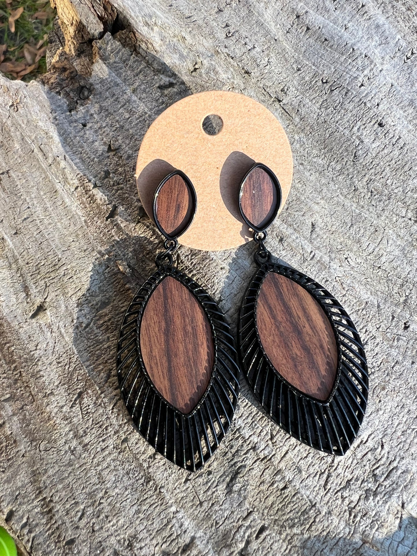 Metal and Wood Geometric Dangly Stud Earrings