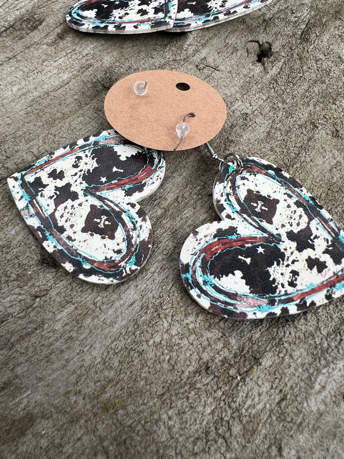 Faux Leather Cow Print Heart Earrings