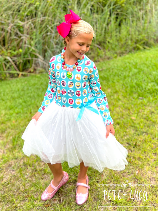 Vibrant Owl Long Sleeve Tulle Dress